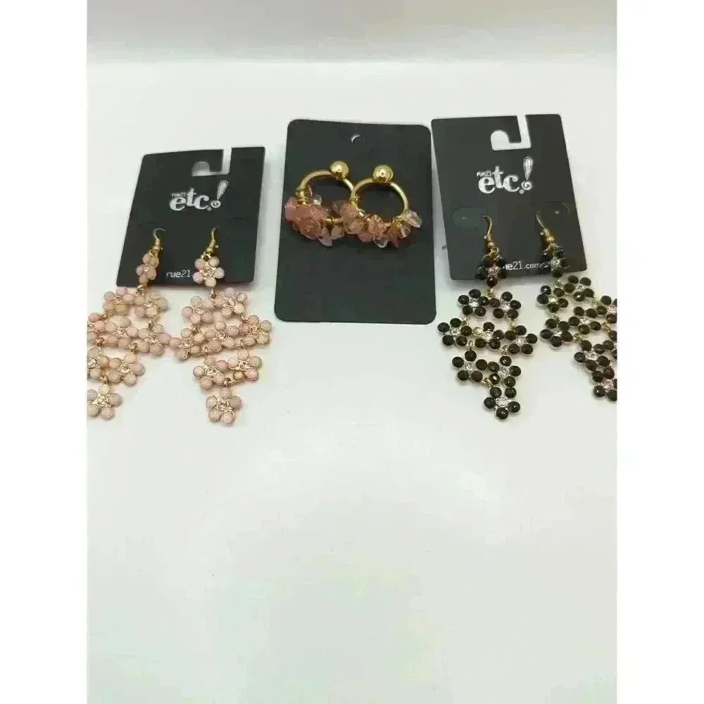 NWT Rue21 Etc Womens Floral Beaded Drop Hoop Earrings Set Of 3 Pairs